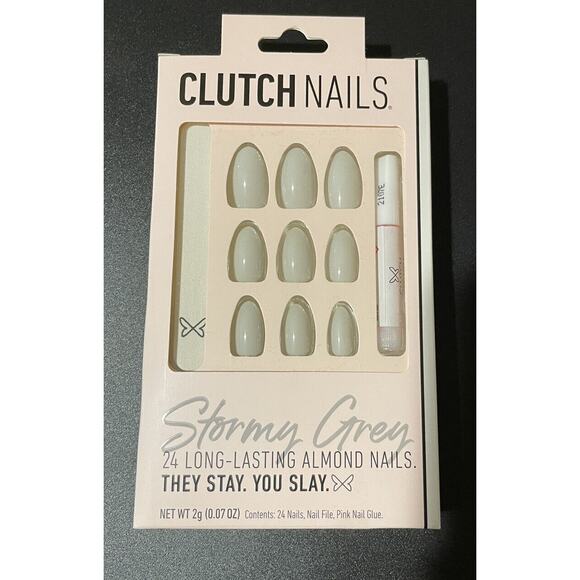 Clutch Nails, Stormy Grey, 24 Reusable Almond, Glue-On Nails, - Picture 1 of 1